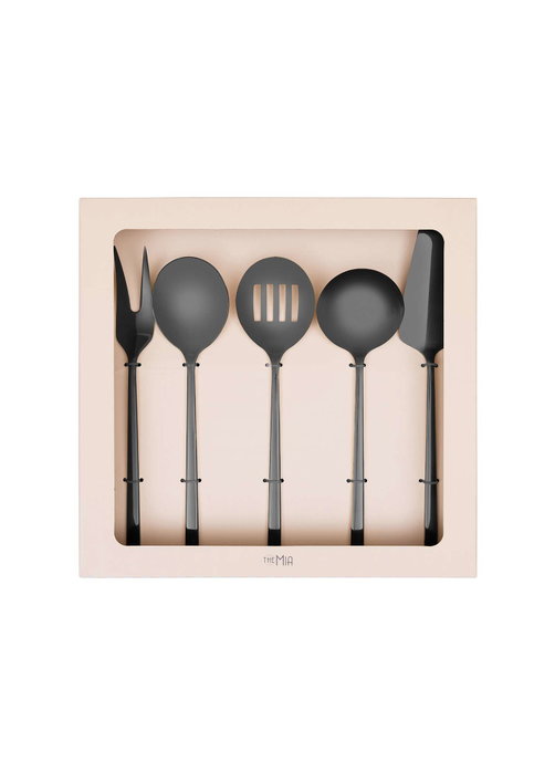 Hermia CKB0256 Set de Servicio de Acero Inoxidable de 5 Piezas con Acentos Negros, Incluye Cucharón, Cuchara, Tenedor, Colador y Espátula para Salsas, Apto para Lavavajillas