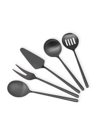Hermia CKB0256 Set de Servicio de Acero Inoxidable de 5 Piezas con Acentos Negros, Incluye Cucharón, Cuchara, Tenedor, Colador y Espátula para Salsas, Apto para Lavavajillas