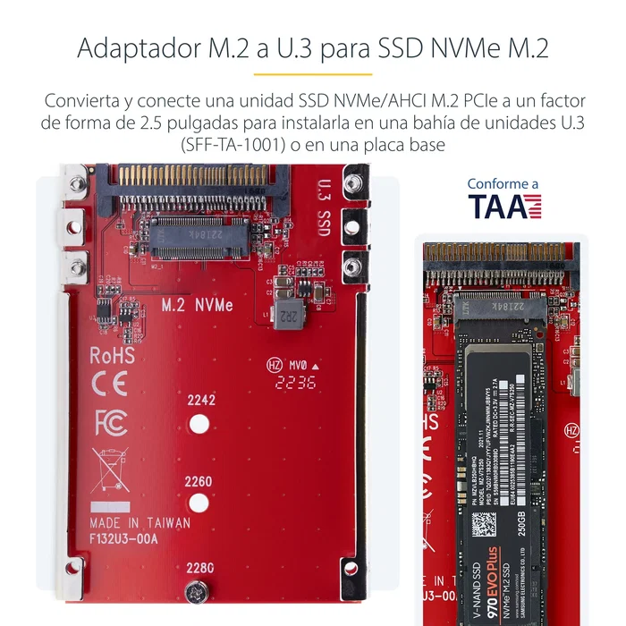 Startech Adaptador M.2 NVMe a U.3 1M25-U3-M2-ADAPTER Interno para Unidades SATA de 2.5 Pulgadas - Compatible con PCIe 4.0, Plug & Play para Windows, macOS, Linux