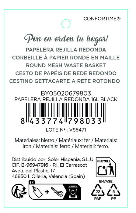 Inde Papelera de Rejilla Redonda, 16 Litros, Color Negro, Dimensiones: 29.3 x 34.1 x 29.2 cm (8 Unidades)