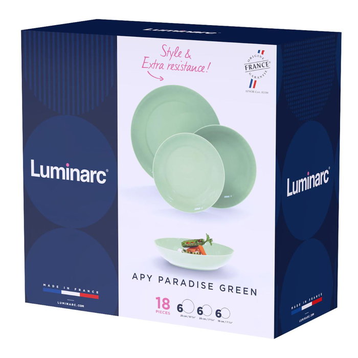 Vajilla Opal Apy Paradise Verde Luminarc 18 Piezas - 6 Personas