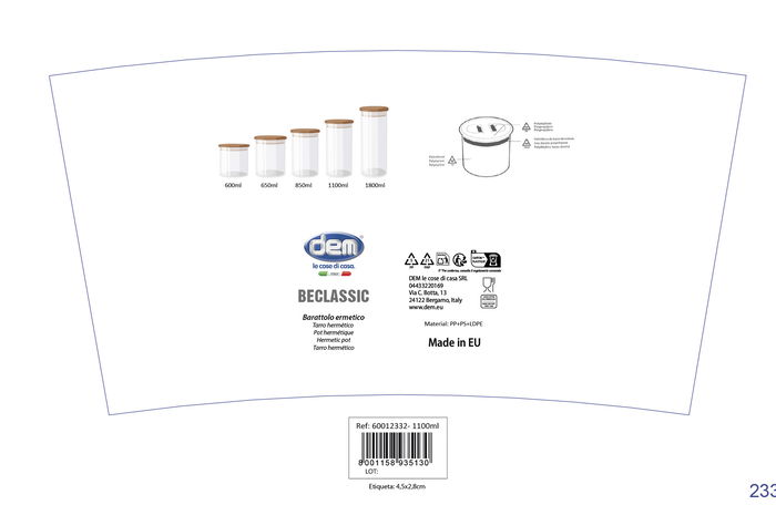 Beclassic Tarro Hermético 1.10L - 10.8x18 cm (12 Unidades)