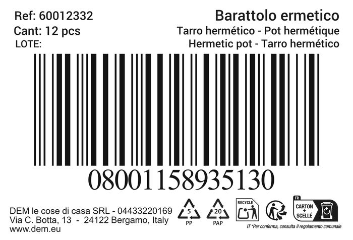 Beclassic Tarro Hermético 1.10L - 10.8x18 cm (12 Unidades)