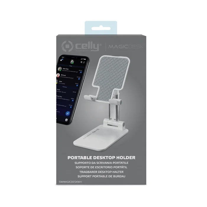 Celly Magic Desk Soporte Pasivo Plegable para Escritorio, Compatible con Smartphone y Tablet hasta 10.5", Color Blanco
