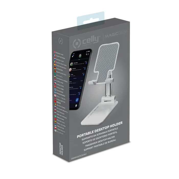 Celly Magic Desk Soporte Pasivo Plegable para Escritorio, Compatible con Smartphone y Tablet hasta 10.5", Color Blanco