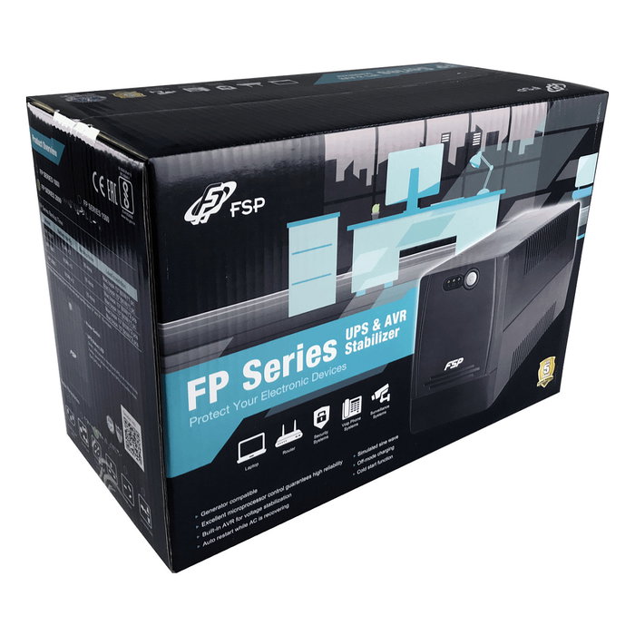 FSP FP 800 SAI 800VA / 480W Line-interactive con AVR, Onda Senoidal, 2 Salidas Schuko, Negro