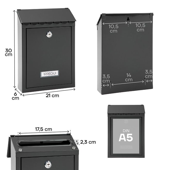 Arregui Buzón Exterior Civic Acero Negro - Tamaño S (A5) con Tarjetero, Tapa Tejadillo - 21.6 x 8 x 30 cm