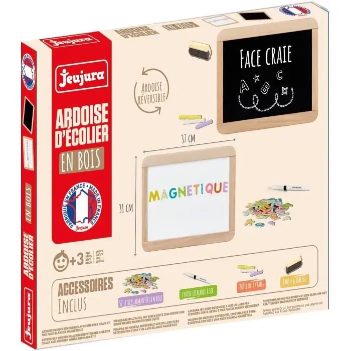 Jeujura JEU3225280881102 Pizarra Escolar Magnética de Madera Doble Cara Tiza y Rotulador