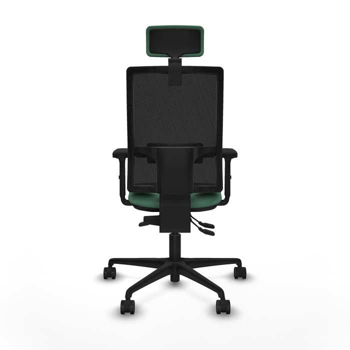 Silla de oficina Bormate con mecanismo Asincro tapizada con Tela color Verde esmeralda y malla color Negro. Equipada con lumbar 1D, Brazos 2D, Cabecero 2D y Ruedas 65mm nailon
