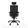 Silla de oficina Bormate con mecanismo Asincro tapizada con Tela color Verde esmeralda y malla color Negro. Equipada con lumbar 1D, Brazos 2D, Cabecero 2D y Ruedas 65mm nailon
