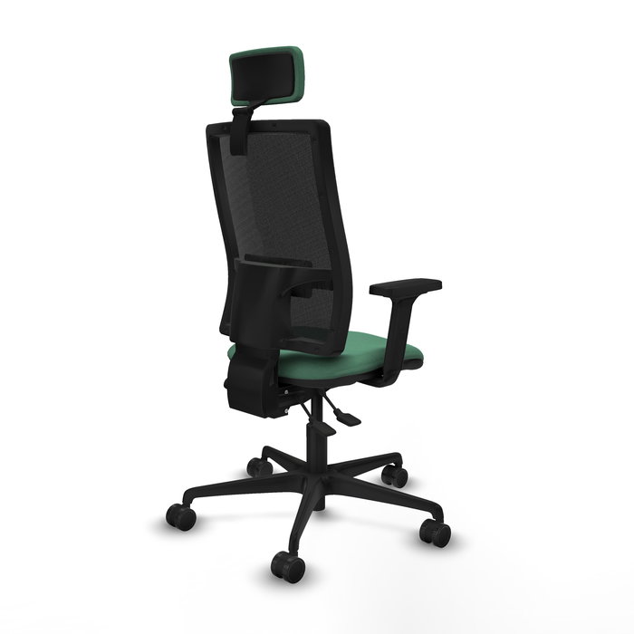 Silla de oficina Bormate con mecanismo Asincro tapizada con Tela color Verde esmeralda y malla color Negro. Equipada con lumbar 1D, Brazos 2D, Cabecero 2D y Ruedas 65mm nailon