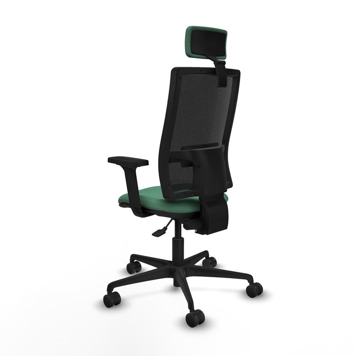 Silla de oficina Bormate con mecanismo Asincro tapizada con Tela color Verde esmeralda y malla color Negro. Equipada con lumbar 1D, Brazos 2D, Cabecero 2D y Ruedas 65mm nailon