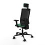 Silla de oficina Bormate con mecanismo Asincro tapizada con Tela color Verde esmeralda y malla color Negro. Equipada con lumbar 1D, Brazos 2D, Cabecero 2D y Ruedas 65mm nailon