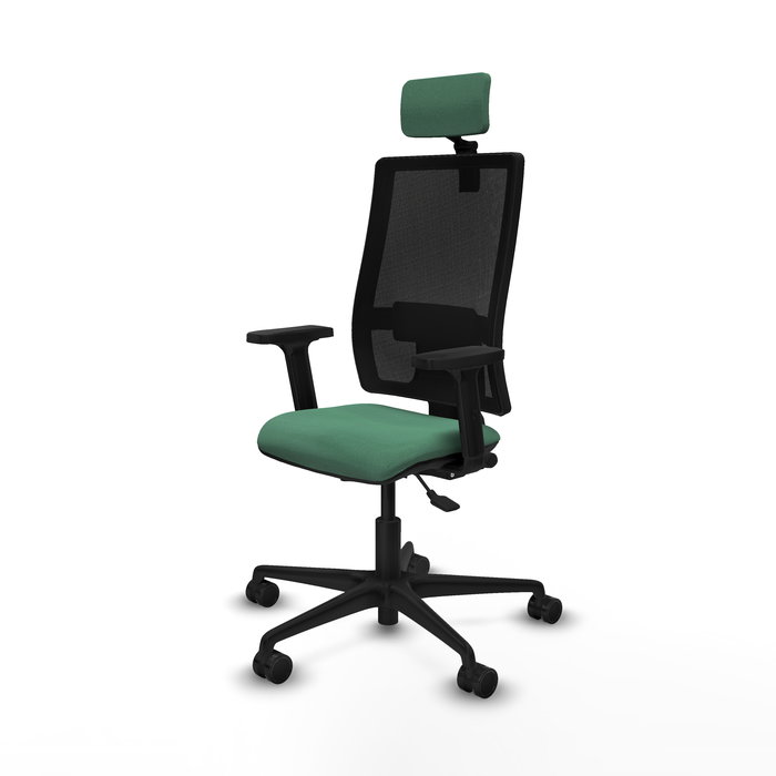 Silla de oficina Bormate con mecanismo Asincro tapizada con Tela color Verde esmeralda y malla color Negro. Equipada con lumbar 1D, Brazos 2D, Cabecero 2D y Ruedas 65mm nailon