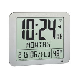 TFA - Reloj de pared radio controlado con pantalla LCD, visualización de temperatura y humedad interior, alarma con snooze, configuración en 10 idiomas