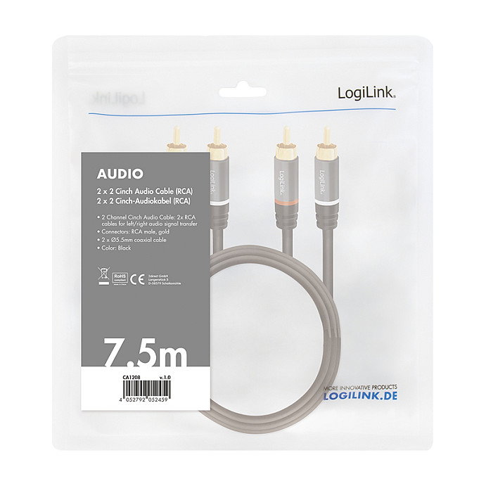 LogiLink Cable de Audio 2x RCA/M a 2x RCA/M de 7,5 m, Negro