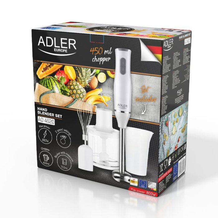 ADLER Batidora de Mano 800W con Accesorios - Picadora, Levantaclaras y Vaso Medidor