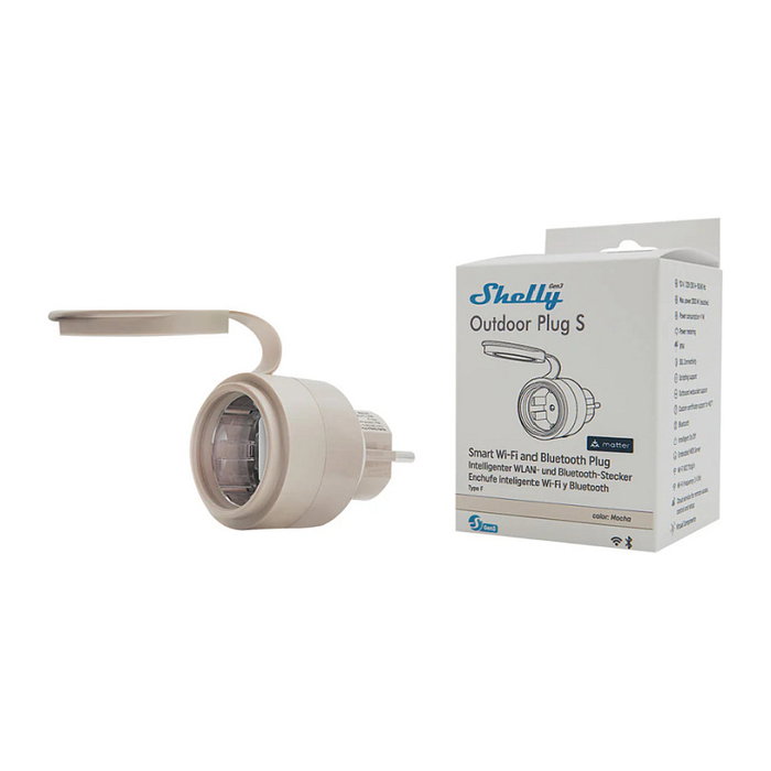 Shelly Plug & Play Outdoor Plug S Gen3 Zwischenstecker para Exterior 12A Medición WLAN Matter BT IP44, 230V, Control por Alexa y Google Home