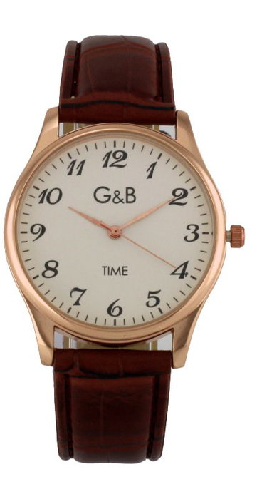 G&B TIME Reloj para Hombre de Piel Clásico, Marrón/Negro con Correa y Esfera en Oro Rosa