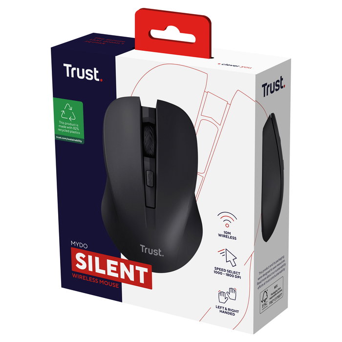 Trust Mydo Ratón Óptico Inalámbrico Silencioso (Reducción Ruido 90%), Ambidiestro, 1800 DPI, 3 Niveles DPI, Negro - Incluye Receptor USB