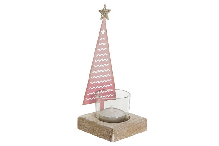 DKD Home Decor Portavela Navidad Rosa Palo Natural Metal Madera Cristal 7 x 18.5 x 7.5 cm (6 Unidades)