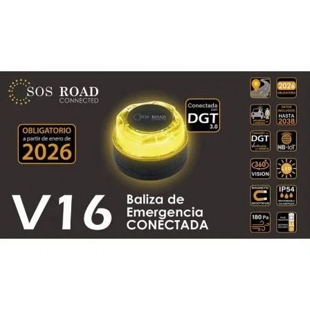 SOS Road Baliza de Emergencia V16 Homologada EL2024 DGT 3.0 Geolocalizable Base Imantada Funciona a Pilas