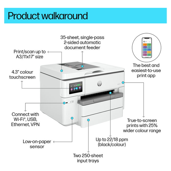 HP OfficeJet Pro 9730e Impresora Multifunción a Color A3 con WiFi, LAN, Duplex, Alimentador Automático (ADF), HP Instant Ink, 4.3" Pantalla Táctil, Gris