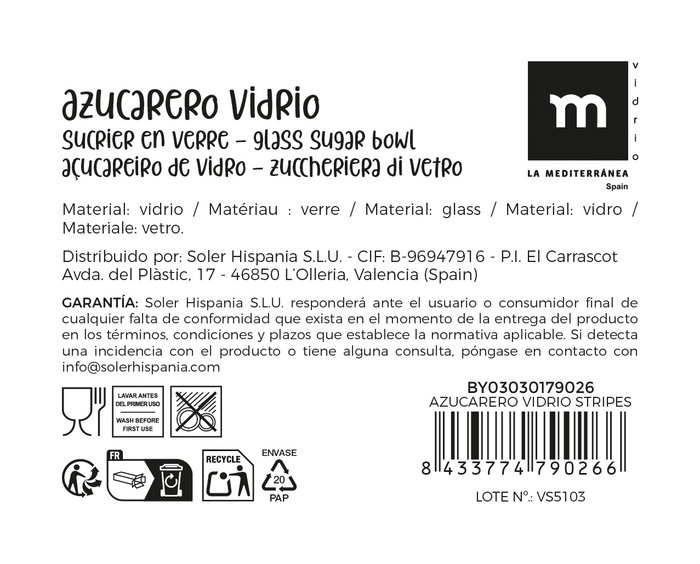 Inde Azucarero de Vidrio Stripes La Mediterranea, Diseño con Rayas, Dimensiones: 10.8 cm de Largo x 11 cm de Ancho x 8.8 cm de Alto (24 Unidades)