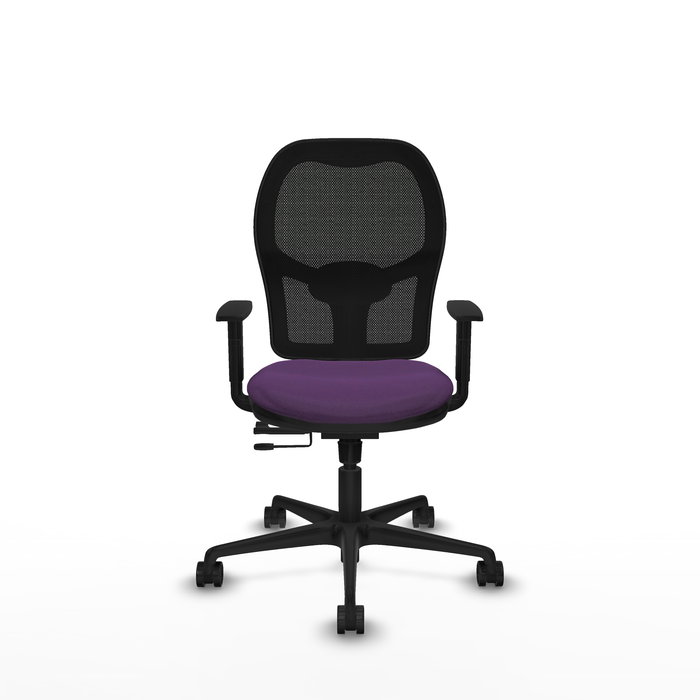 Silla de oficina Jorquera con mecanismo Sincro/Traslack tapizada con Tela color Morado y malla color Negro. Equipada con lumbar 1D, Brazos 1D y Ruedas 65mm nailon