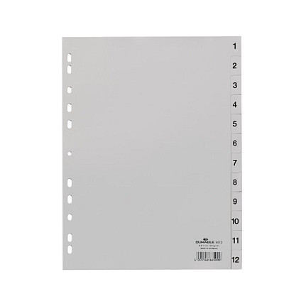 Durable Índices PP con Pestañas Impresas División Numérica 1-12 Vertical A4 Gris