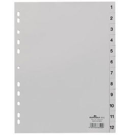 Durable Separadores de Índice A4 Vertical 1-12 Pestañas Impresas Gris Polipropileno