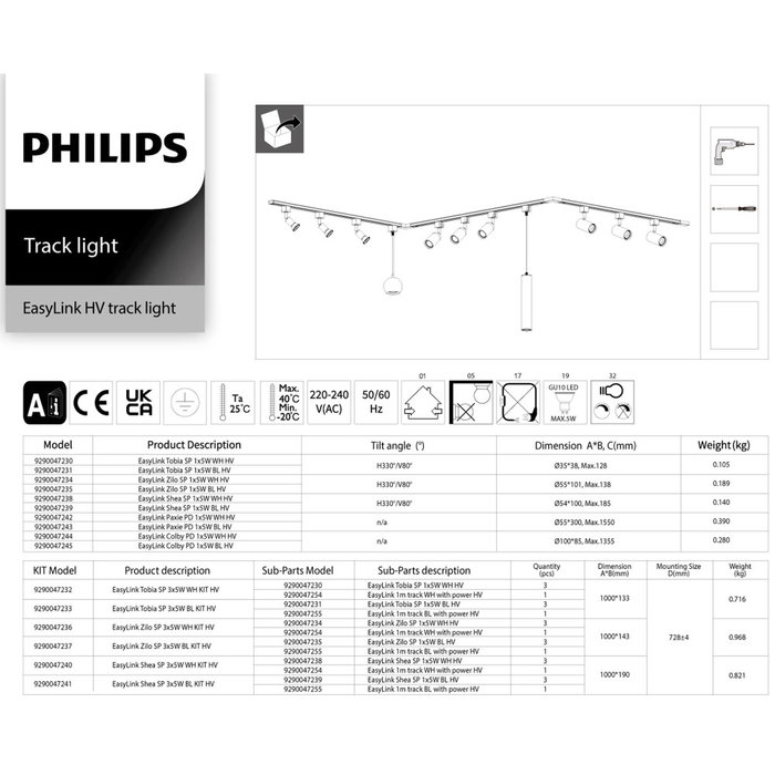 Philips Easylink Conector en X para Sistema de Carril en H 3 Cables, Negro, 1800W, 220-240V ~50/60 Hz