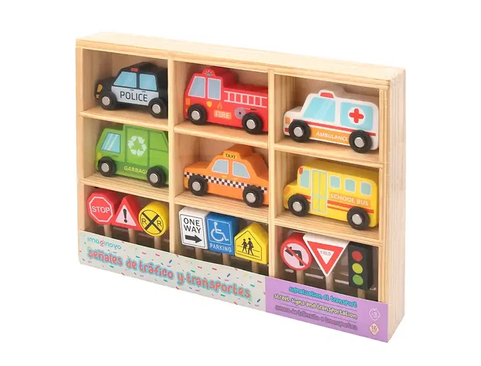 Imaginovo Juego Infantil de Madera Vehículos y Señales de Tráfico +3 Años 16 Piezas 30x22x4cm