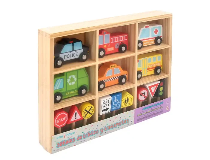 Imaginovo Juego Infantil de Madera Vehículos y Señales de Tráfico +3 Años 16 Piezas 30x22x4cm