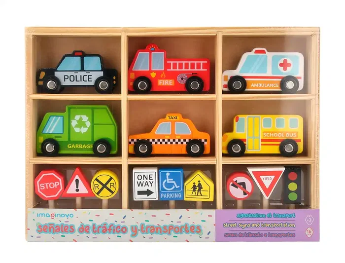 Imaginovo Juego Infantil de Madera Vehículos y Señales de Tráfico +3 Años 16 Piezas 30x22x4cm