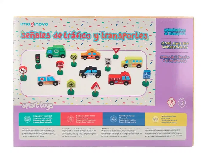 Imaginovo Juego Infantil de Madera Vehículos y Señales de Tráfico +3 Años 16 Piezas 30x22x4cm