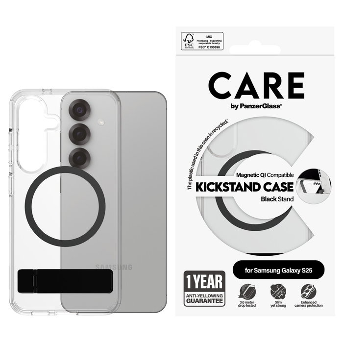 PanzerGlass Funda Transparente con Soporte y Carga Inalámbrica Qi para Samsung Galaxy S25