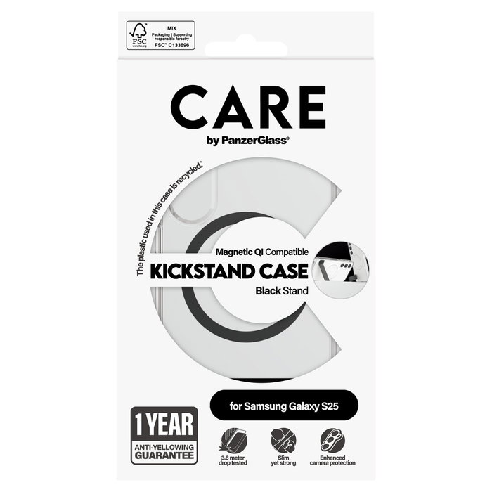 PanzerGlass Funda Transparente con Soporte y Carga Inalámbrica Qi para Samsung Galaxy S25