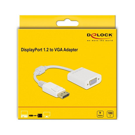 DeLOCK Adaptador DisplayPort 1.2 Macho a VGA Hembra, 1920x1200 WUXGA 60Hz, Pasivo, Blanco, 0.15m, con núcleo de ferrita, Ref: ANX9833