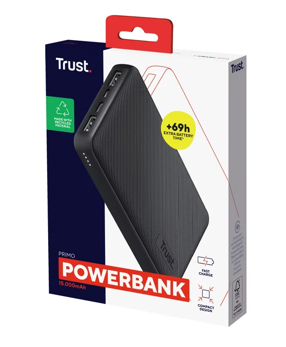 Trust - Batería Externa Powerbank 15000 mAh Negro, Carga Rápida 15W, 3 Puertos (USB-C + 2 USB-A), Ión de Litio, Portátil, Hasta 69h Autonomía