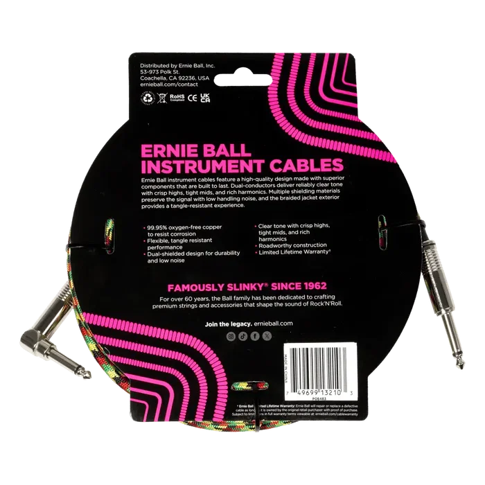 Ernie Ball Cable de Instrumento Trenzado Jack-Jack 5,49 m