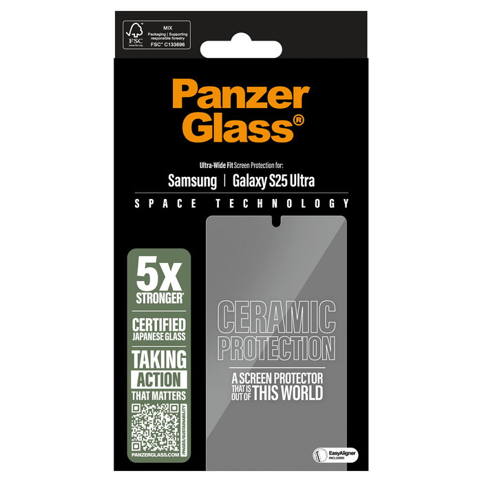 PanzerGlass CERAMIC SCREEN Protector de Pantalla Cristal Cerámico para Samsung Galaxy S25 Ultra - Ultra-Wide Fit con EasyAligner, Aplicación en Seco, Resistente a Golpes y Rayones