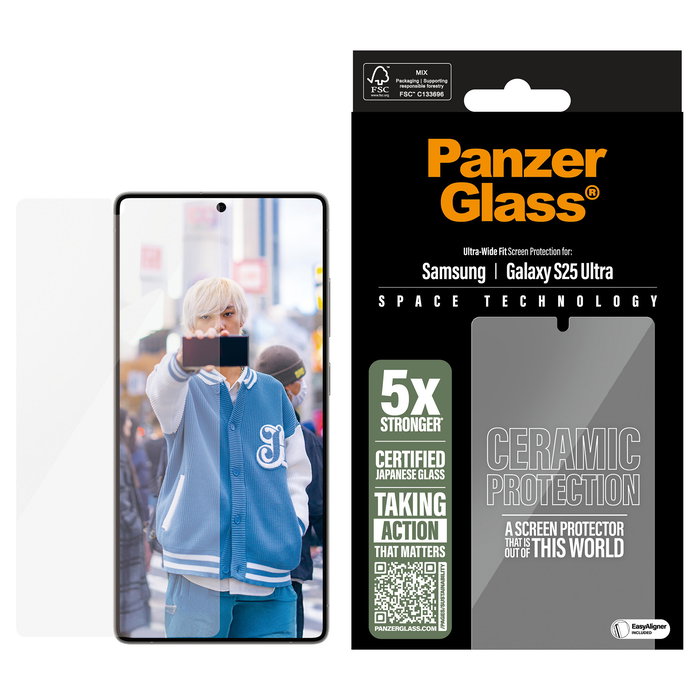 PanzerGlass CERAMIC SCREEN Protector de Pantalla Cristal Cerámico para Samsung Galaxy S25 Ultra - Ultra-Wide Fit con EasyAligner, Aplicación en Seco, Resistente a Golpes y Rayones