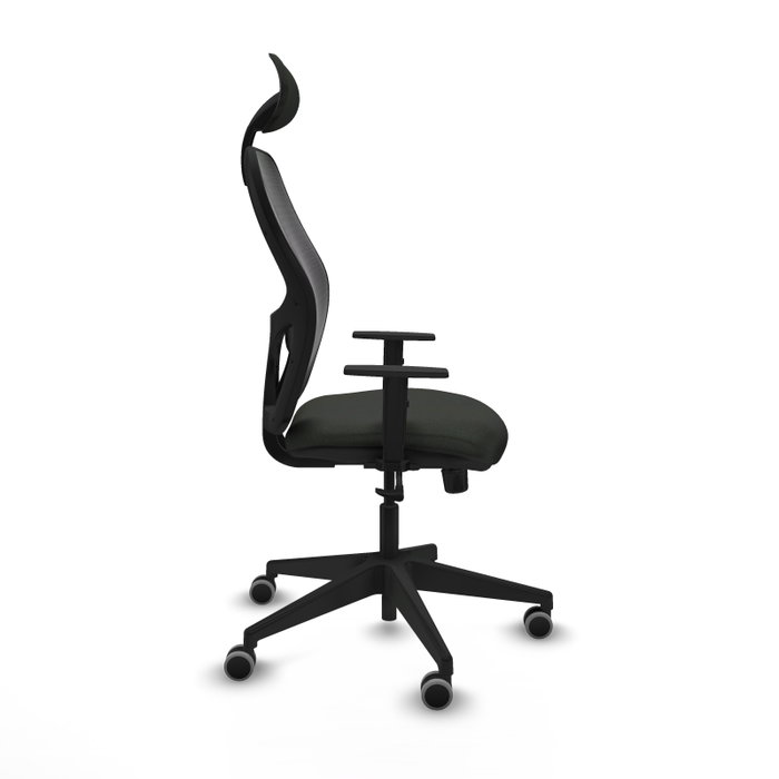 Silla de oficina Alocén con mecanismo Sincro tapizada con Tela color Negro. Equipada con lumbar 1D, Brazos 1D, Cabecero Fijo y Ruedas 65 mm parqué
