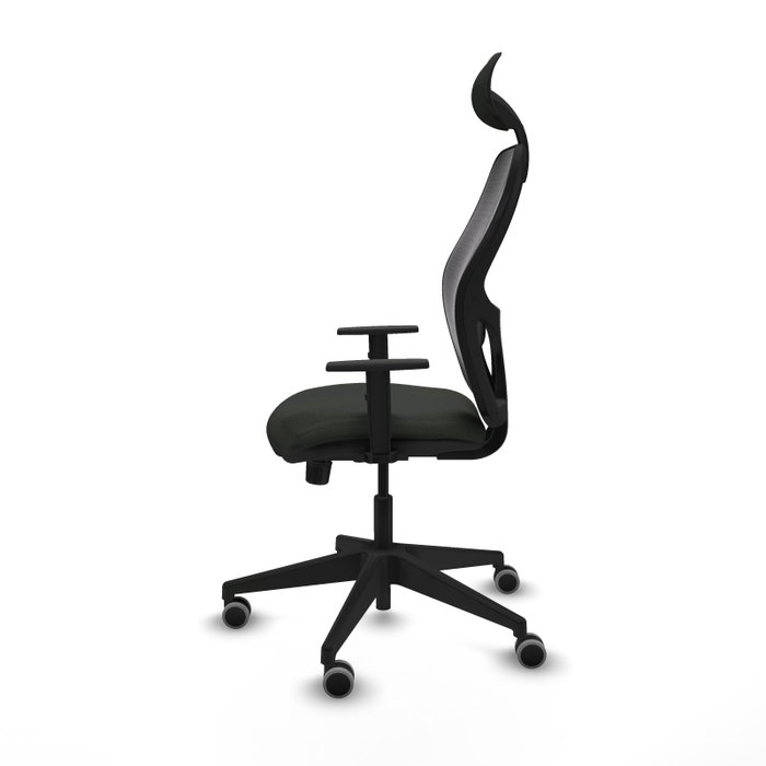 Silla de oficina Alocén con mecanismo Sincro tapizada con Tela color Negro. Equipada con lumbar 1D, Brazos 1D, Cabecero Fijo y Ruedas 65 mm parqué
