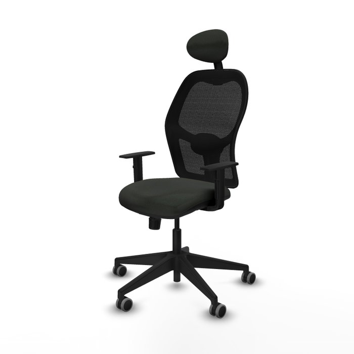 Silla de oficina Alocén con mecanismo Sincro tapizada con Tela color Negro. Equipada con lumbar 1D, Brazos 1D, Cabecero Fijo y Ruedas 65 mm parqué