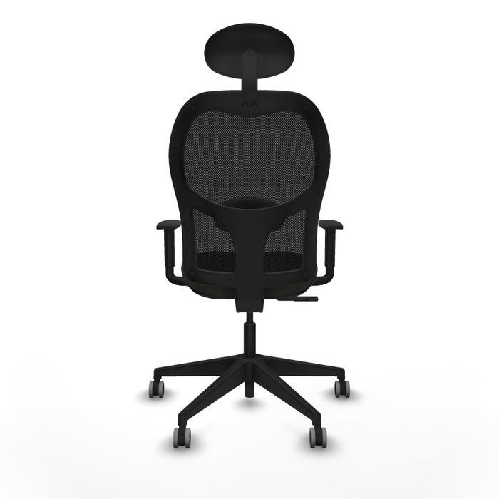 Silla de oficina Alocén con mecanismo Sincro tapizada con Tela color Negro. Equipada con lumbar 1D, Brazos 1D, Cabecero Fijo y Ruedas 65 mm parqué