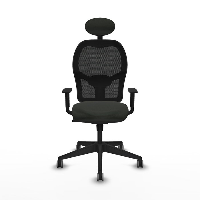 Silla de oficina Alocén con mecanismo Sincro tapizada con Tela color Negro. Equipada con lumbar 1D, Brazos 1D, Cabecero Fijo y Ruedas 65 mm parqué