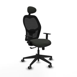 Silla de oficina Alocén con mecanismo Sincro tapizada con Tela color Negro. Equipada con lumbar 1D, Brazos 1D, Cabecero Fijo y Ruedas 65 mm parqué