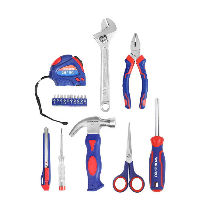Workpro Estuche de Herramientas 18 Piezas con Alicate, Llave Ajustable, Martillo, Flexómetro 3m, Destornillador Magnético 10 Puntas